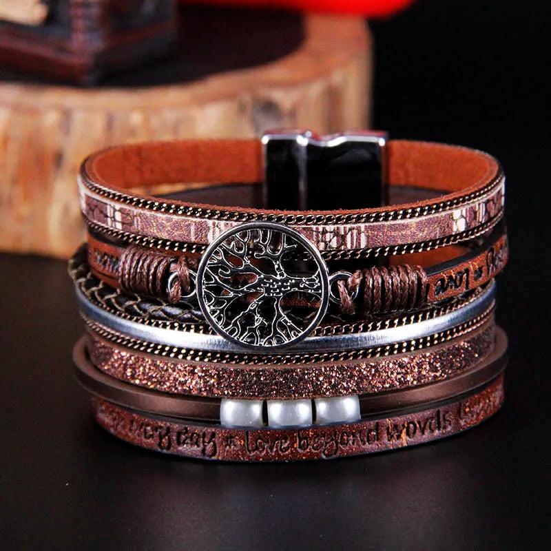 Bohemian Pearl Crystal Leather Multilayer Bracelet Women
