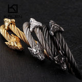 Punk Animal Double Wolf Heads Bangles Stainless Steel Male Jewelry