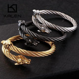 Punk Animal Double Wolf Heads Bangles Stainless Steel Male Jewelry