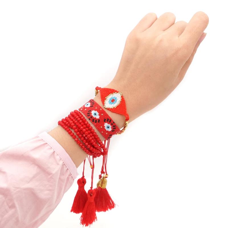 GoBoho Evil Eye Bracelet Sets for Women Red Beaded Bracelets Tassel Jewelry