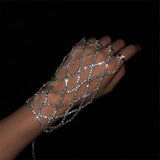 Kpop Rhinestone Mesh Finger Bracelet, Diamond Crystal Hand Chain with Ring