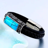 Green Stone Leather Bracelet Men Stainless Steel Retro Biker Jewelry