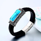 Green Stone Leather Bracelet Men Stainless Steel Retro Biker Jewelry