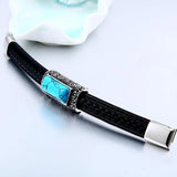 Green Stone Leather Bracelet Men Stainless Steel Retro Biker Jewelry