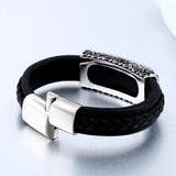 Green Stone Leather Bracelet Men Stainless Steel Retro Biker Jewelry