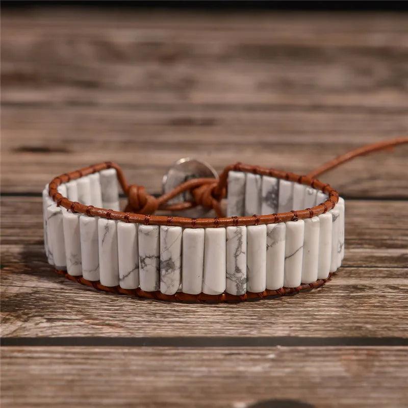 Tube Shape Wrap Bracelet Boho Natural Stone Power Jewelry Leather Wrap