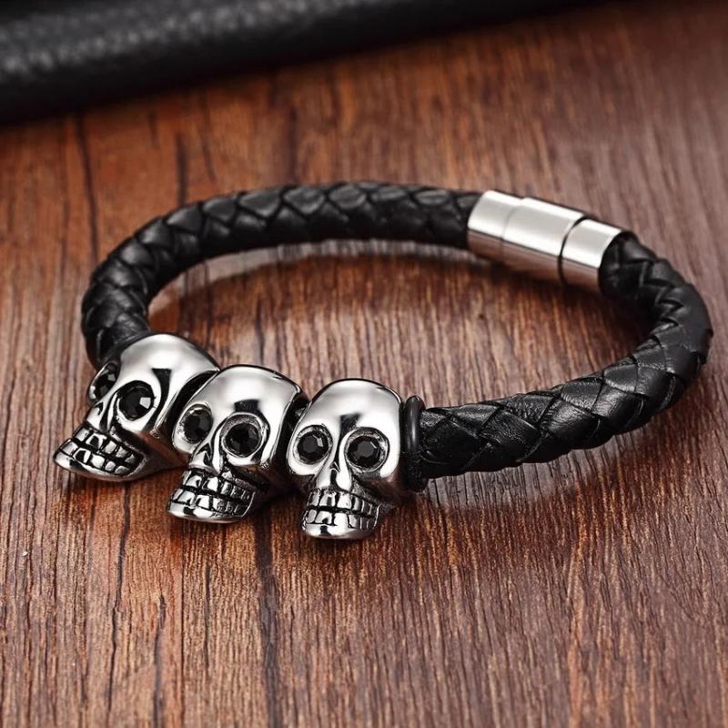 Skull Punk Stainless Steel Magnetic Buckle Leather Bracelet