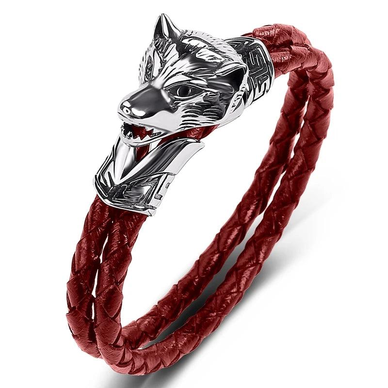 Double Braided Bracelet Stainless Steel Wolf Head Leather Bangle