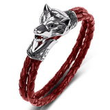 Double Braided Bracelet Stainless Steel Wolf Head Leather Bangle