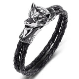 Double Braided Bracelet Stainless Steel Wolf Head Leather Bangle