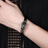 Double Braided Bracelet Stainless Steel Wolf Head Leather Bangle
