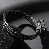 Double Braided Bracelet Stainless Steel Wolf Head Leather Bangle