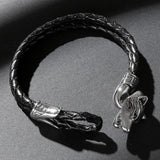 Double Braided Bracelet Stainless Steel Wolf Head Leather Bangle