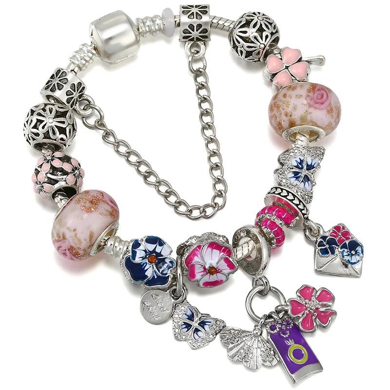 Snake Bone Pansy Flower Butterfly Pendant Bracelet
