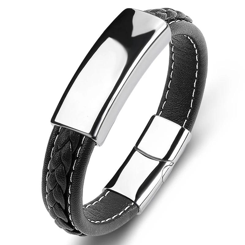 Men Braided Leather Bracelet Stainless Steel Clasp Punk Jewelry Wristband