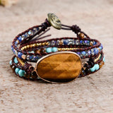Leather Wrap Bracelet Mix Stone Tiger Eyes 3 Strands