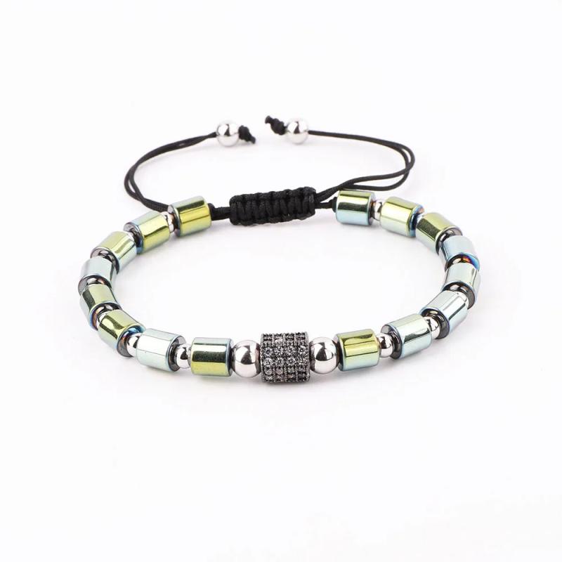 Colorful Hematite Beads CZ Pave Charm Cord Bracelet