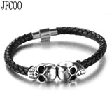 Europe Stainless Steel Double Skulls Leather Bracelet