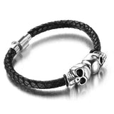 Europe Stainless Steel Double Skulls Leather Bracelet