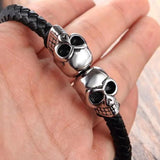 Europe Stainless Steel Double Skulls Leather Bracelet