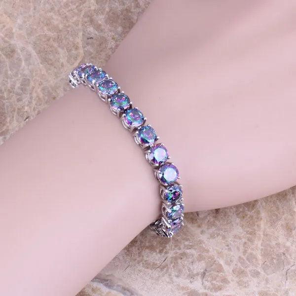 Rainbow CZ Silver Plated Chain Bracelet 7 inch