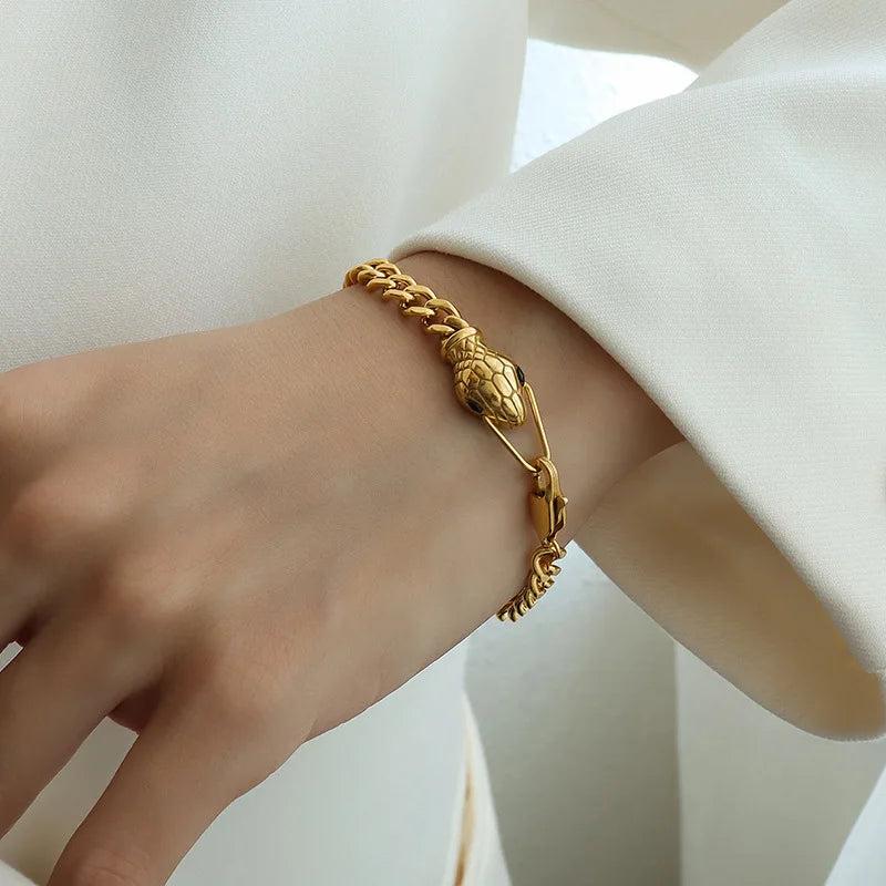 European American Couple Snake Head Bracelet Zircon Green Eyes Hip Hop Punk
