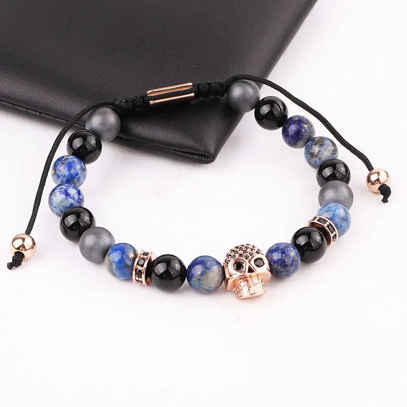 Natural Stone CZ Pave Skull Charm Friendship Macrame Bracelet Men