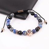 Natural Stone CZ Pave Skull Charm Friendship Macrame Bracelet Men