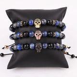 Natural Stone CZ Pave Skull Charm Friendship Macrame Bracelet Men