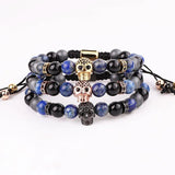Natural Stone CZ Pave Skull Charm Friendship Macrame Bracelet Men