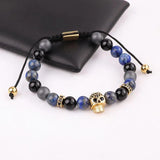 Natural Stone CZ Pave Skull Charm Friendship Macrame Bracelet Men