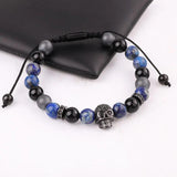 Natural Stone CZ Pave Skull Charm Friendship Macrame Bracelet Men