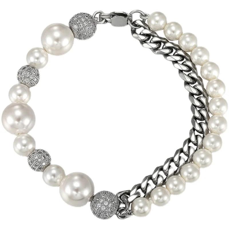 Hip Hop Punk Double Layer Bracelet Pearls Cuban Chain Women Men