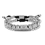 2Pcs CZ Crown Bracelets Set for Women Men Bar Charm Bangles