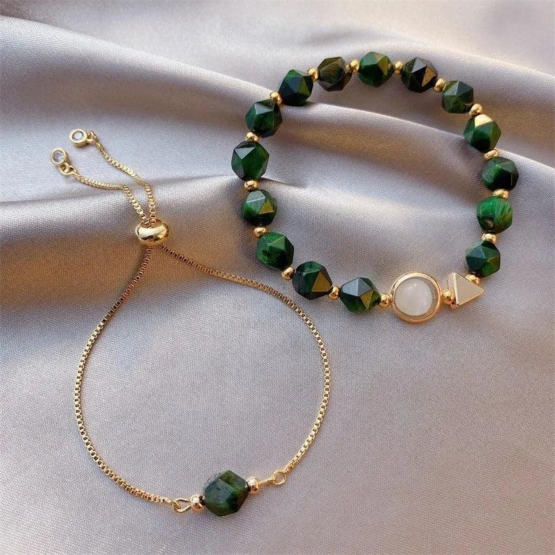 18K Plated Emerald Beads Friendship Bracelet Set for Women