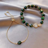 18K Plated Emerald Beads Friendship Bracelet Set for Women