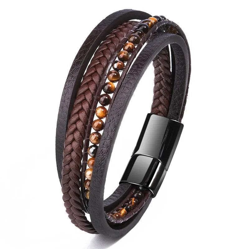 Tiger Eye Stone Men's Bracelet Stainless Steel Leather Beaded