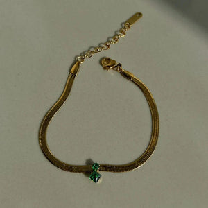 Green CZ Stone Herringbone Chain Bracelet Stainless Steel Women's Dainty Jewelry