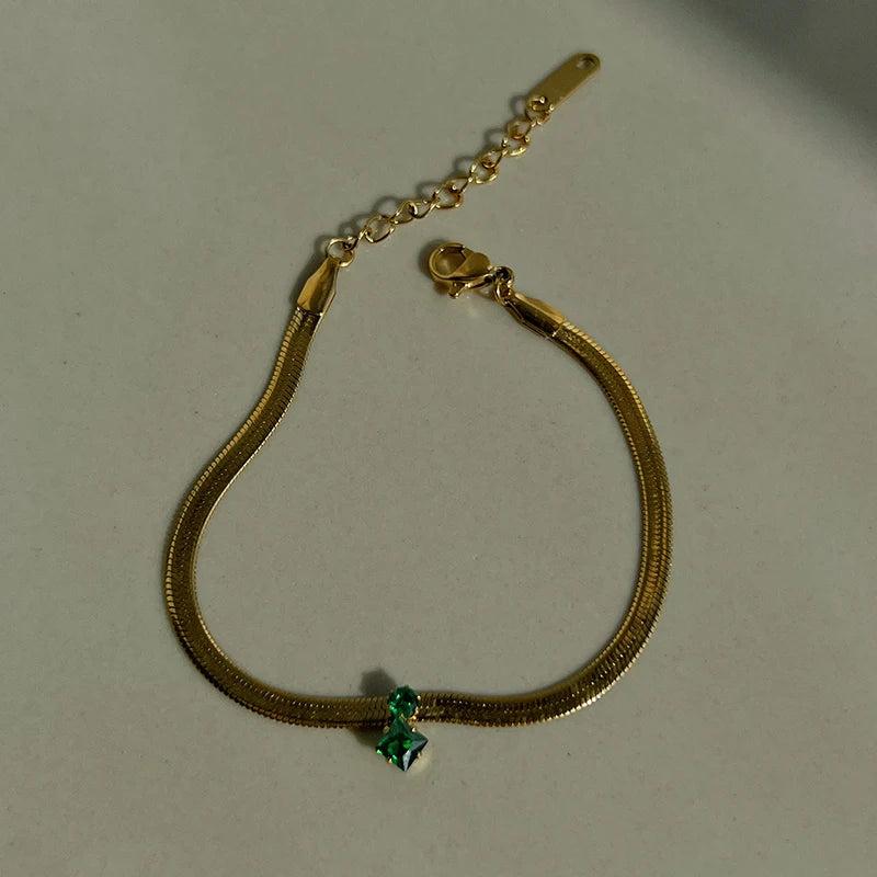Green CZ Stone Herringbone Chain Bracelet Stainless Steel Women's Dainty Jewelry