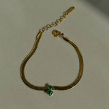 Green CZ Stone Herringbone Chain Bracelet Stainless Steel Women's Dainty Jewelry