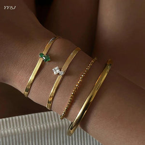 Green CZ Stone Herringbone Chain Bracelet Stainless Steel Women's Dainty Jewelry