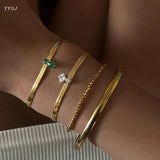 Green CZ Stone Herringbone Chain Bracelet Stainless Steel Women's Dainty Jewelry