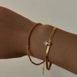 Green CZ Stone Herringbone Chain Bracelet Stainless Steel Women's Dainty Jewelry