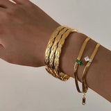 Green CZ Stone Herringbone Chain Bracelet Stainless Steel Women's Dainty Jewelry