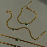 Green CZ Stone Herringbone Chain Bracelet Stainless Steel Women's Dainty Jewelry