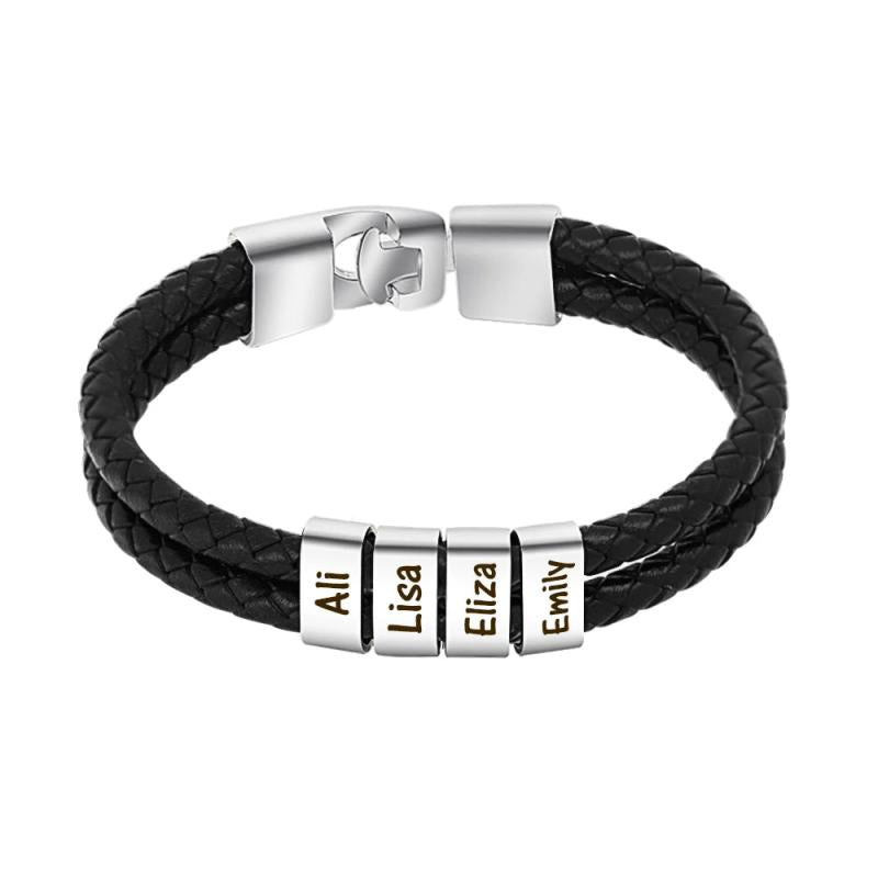 Personalized Men's Leather Bracelet with Name Beads