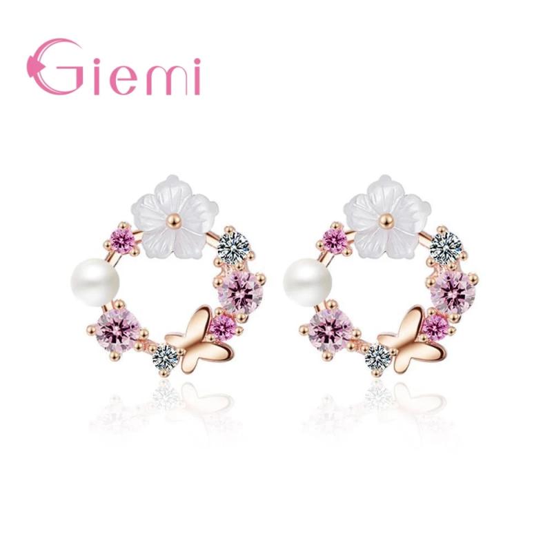 925 Silver Butterfly Earrings Colorful Flowers+White Pearl CZ Crystal