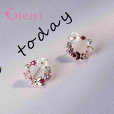 925 Silver Butterfly Earrings Colorful Flowers+White Pearl CZ Crystal