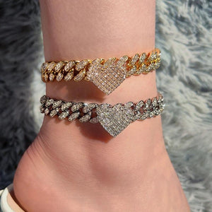 Crystal Heart Cuban Chain Anklets Bling Anklet Bracelet