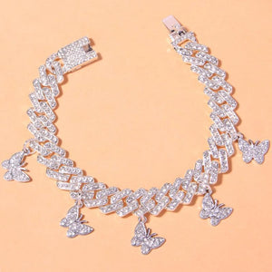 Hip Hop Punk Anklets for Women Rhinestone Chunky Cuban Link Chain Butterfly